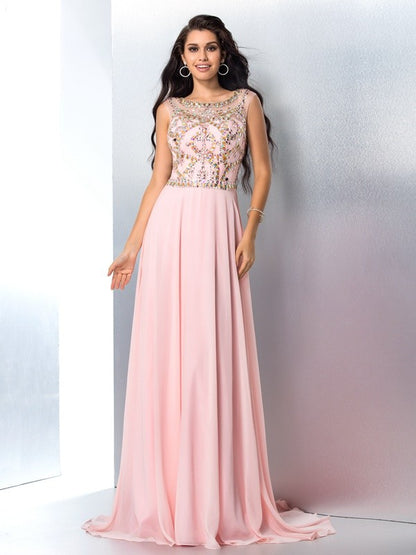 A-Line/Princess Scoop Beading Sleeveless Long Chiffon Dresses