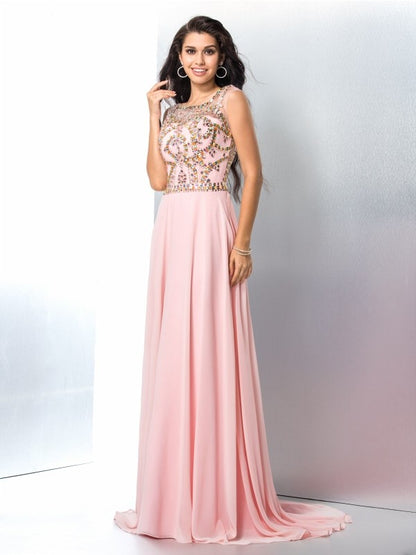 A-Line/Princess Scoop Beading Sleeveless Long Chiffon Dresses