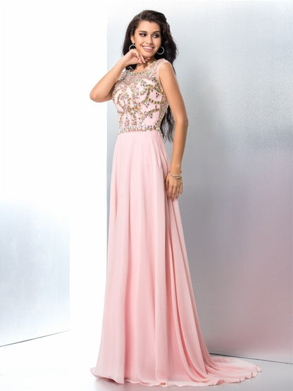 A-Line/Princess Scoop Beading Sleeveless Long Chiffon Dresses