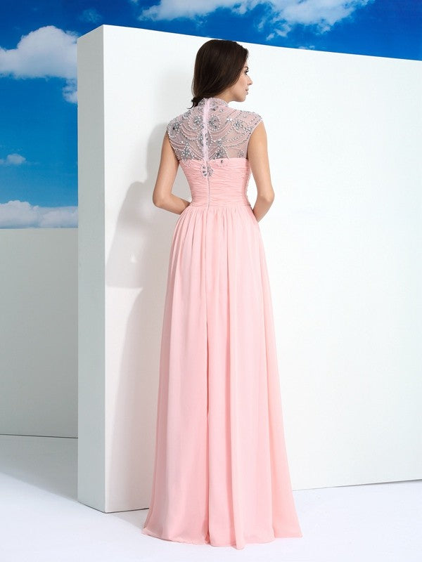 A-Line/Princess Sheer Neck Beading Sleeveless Long Chiffon Dresses