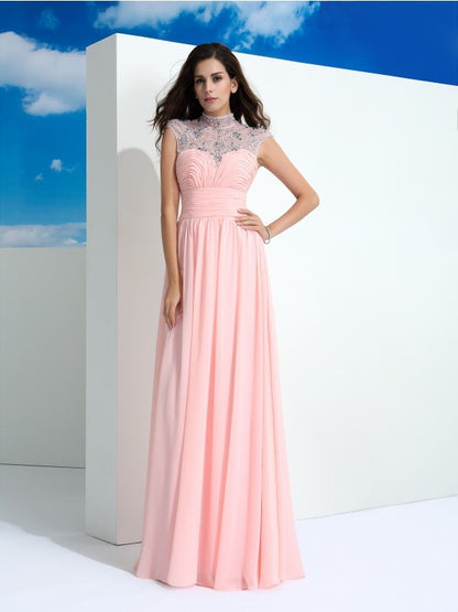 A-Line/Princess Sheer Neck Beading Sleeveless Long Chiffon Dresses