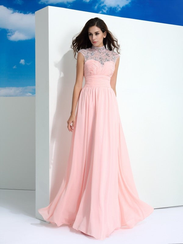 A-Line/Princess Sheer Neck Beading Sleeveless Long Chiffon Dresses