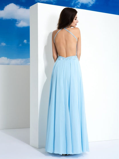 A-Line/Princess Spaghetti Straps Applique Sleeveless Long Chiffon Dresses