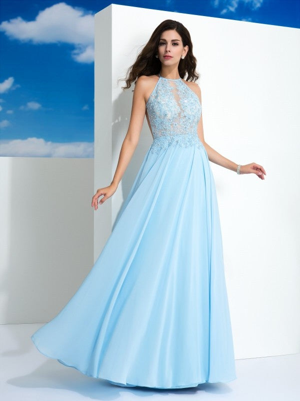 A-Line/Princess Spaghetti Straps Applique Sleeveless Long Chiffon Dresses