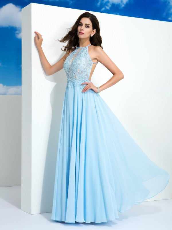 A-Line/Princess Spaghetti Straps Applique Sleeveless Long Chiffon Dresses