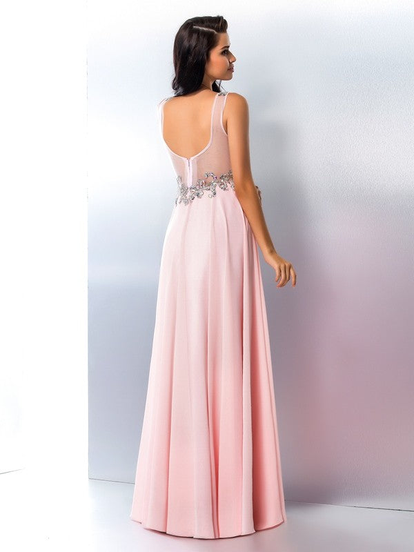 A-Line/Princess V-neck Beading Sleeveless Long Chiffon Dresses