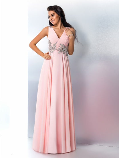 A-Line/Princess V-neck Beading Sleeveless Long Chiffon Dresses