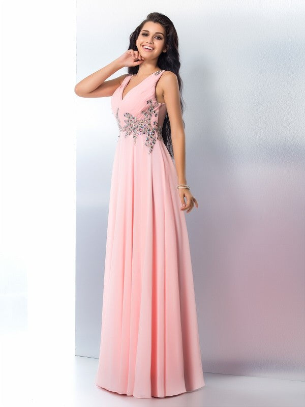 A-Line/Princess V-neck Beading Sleeveless Long Chiffon Dresses