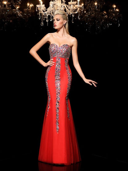 Sheath/Column Sweetheart Rhinestone Sleeveless Long Net Dresses