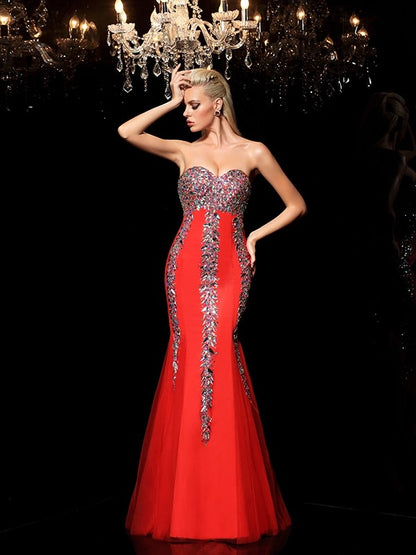 Sheath/Column Sweetheart Rhinestone Sleeveless Long Net Dresses