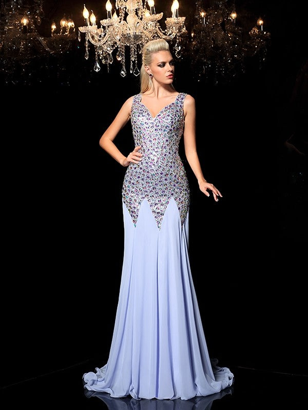 Sheath/Column Straps Rhinestone Sleeveless Long Chiffon Dresses