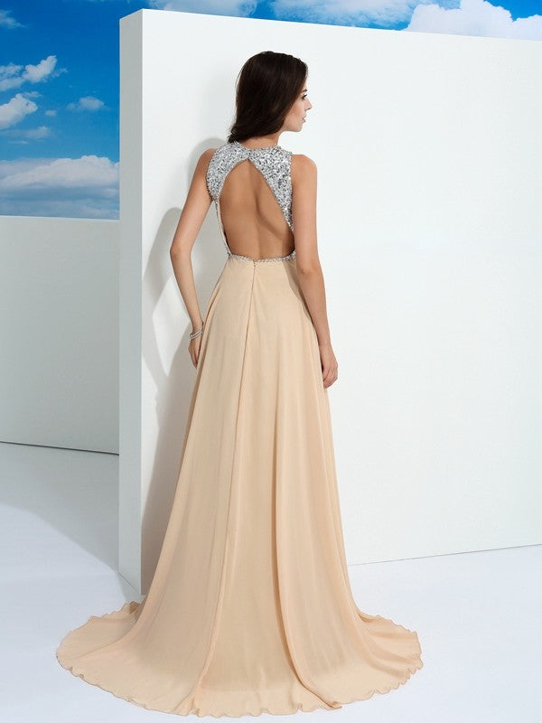 A-Line/Princess Scoop Paillette Sleeveless Long Chiffon Dresses