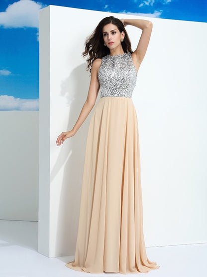 A-Line/Princess Scoop Paillette Sleeveless Long Chiffon Dresses