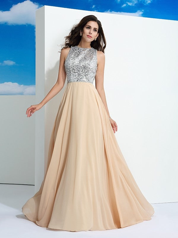 A-Line/Princess Scoop Paillette Sleeveless Long Chiffon Dresses