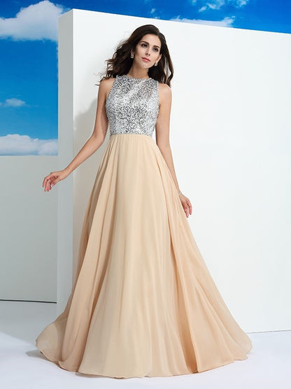 A-Line/Princess Scoop Paillette Sleeveless Long Chiffon Dresses