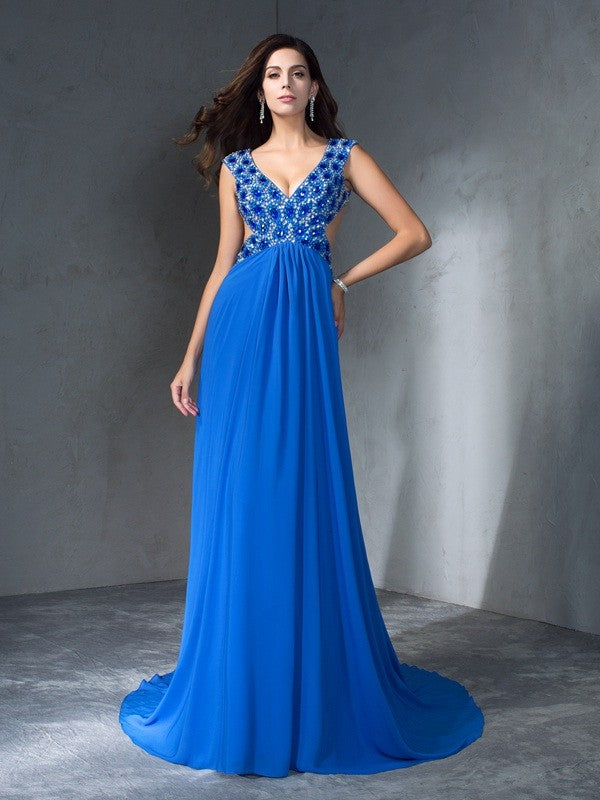 A-Line/Princess V-neck Sequin Sleeveless Long Chiffon Dresses