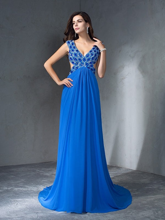 A-Line/Princess V-neck Sequin Sleeveless Long Chiffon Dresses