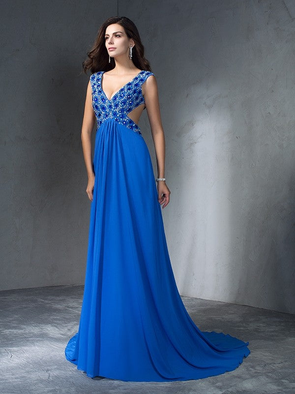 A-Line/Princess V-neck Sequin Sleeveless Long Chiffon Dresses