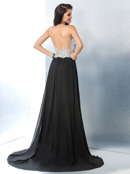 A-Line/Princess V-neck Beading Sleeveless Long Chiffon Dresses