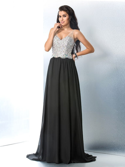 A-Line/Princess V-neck Beading Sleeveless Long Chiffon Dresses