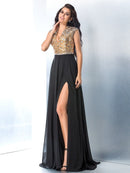 A-Line/Princess V-neck Rhinestone Sleeveless Long Chiffon Dresses