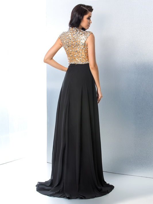 A-Line/Princess V-neck Rhinestone Sleeveless Long Chiffon Dresses