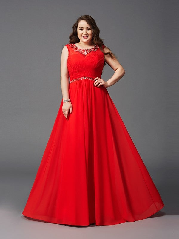 A-Line/Princess Scoop Beading Sleeveless Long Chiffon Plus Size Dresses