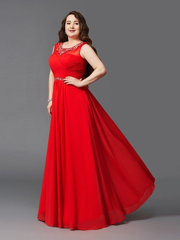 A-Line/Princess Scoop Beading Sleeveless Long Chiffon Plus Size Dresses