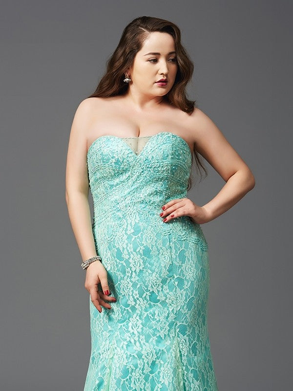 Sheath/Column Strapless Lace Sleeveless Long Satin Plus Size Dresses