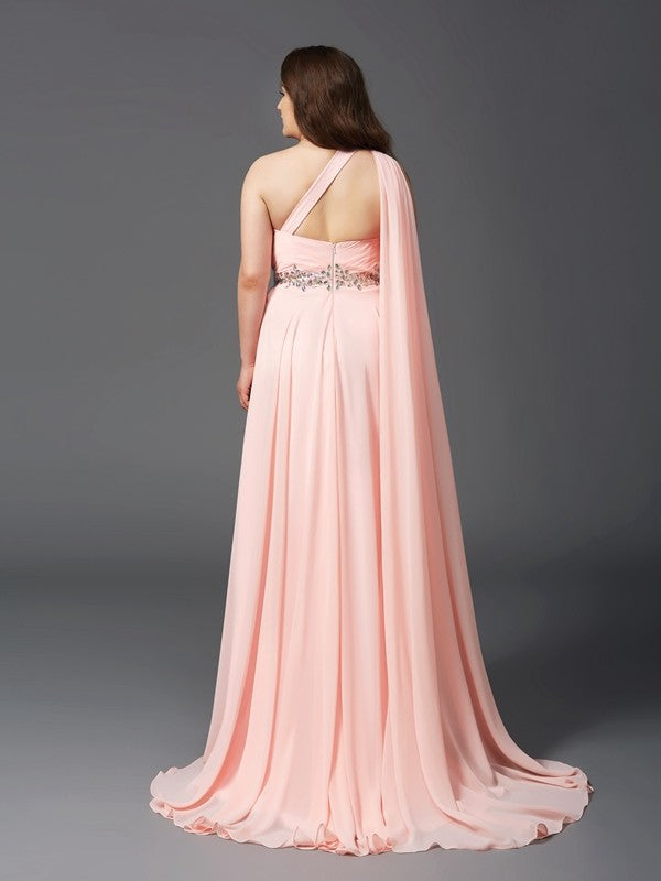 A-Line/Princess One-Shoulder Rhinestone Sleeveless Long Chiffon Plus Size Dresses