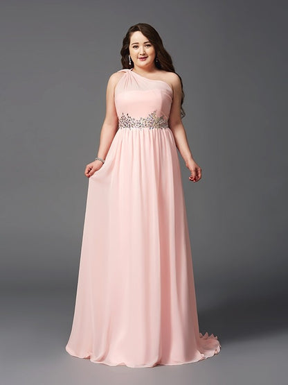 A-Line/Princess One-Shoulder Rhinestone Sleeveless Long Chiffon Plus Size Dresses