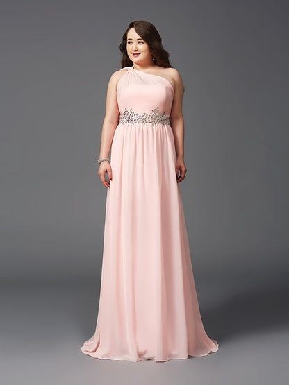 A-Line/Princess One-Shoulder Rhinestone Sleeveless Long Chiffon Plus Size Dresses