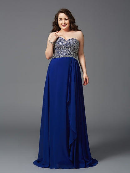 A-Line/Princess Sweetheart Rhinestone Sleeveless Long Chiffon Plus Size Dresses