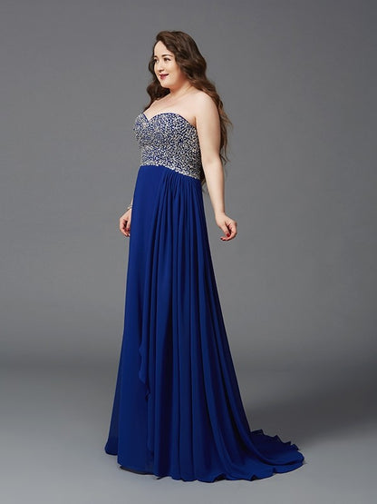 A-Line/Princess Sweetheart Rhinestone Sleeveless Long Chiffon Plus Size Dresses