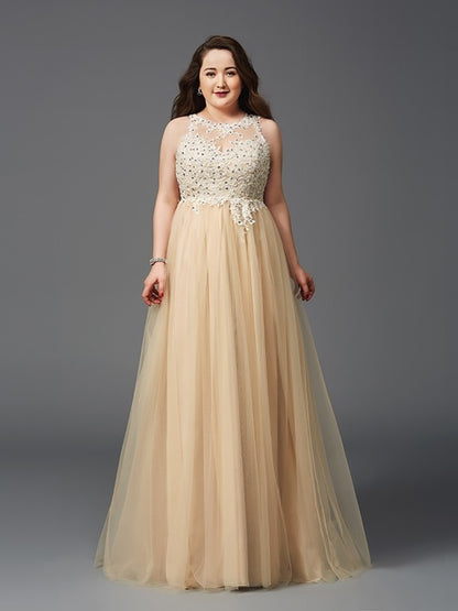 A-Line/Princess Scoop Rhinestone Sleeveless Long Net Plus Size Dresses