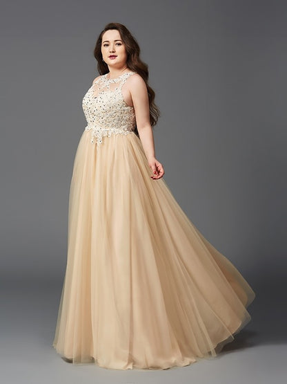 A-Line/Princess Scoop Rhinestone Sleeveless Long Net Plus Size Dresses