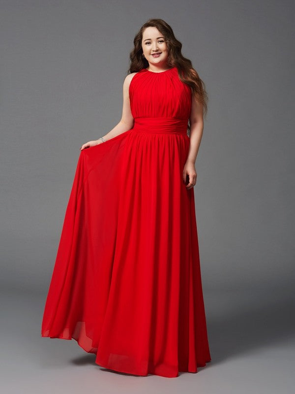 A-Line/Princess Jewel Ruched Sleeveless Long Chiffon Plus Size Dresses