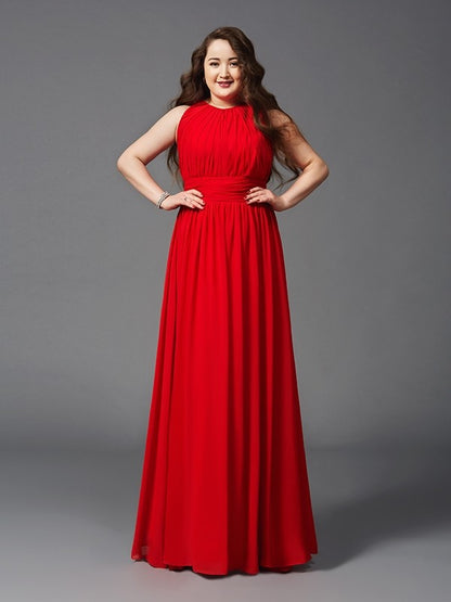 A-Line/Princess Jewel Ruched Sleeveless Long Chiffon Plus Size Dresses