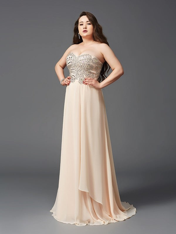 A-Line/Princess Sweetheart Rhinestone Sleeveless Long Chiffon Plus Size Dresses