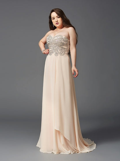 A-Line/Princess Sweetheart Rhinestone Sleeveless Long Chiffon Plus Size Dresses