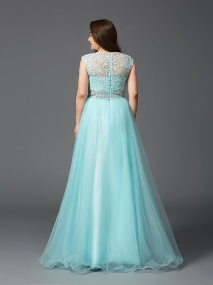 A-Line/Princess Scoop Rhinestone Sleeveless Long Tulle Plus Size Dresses