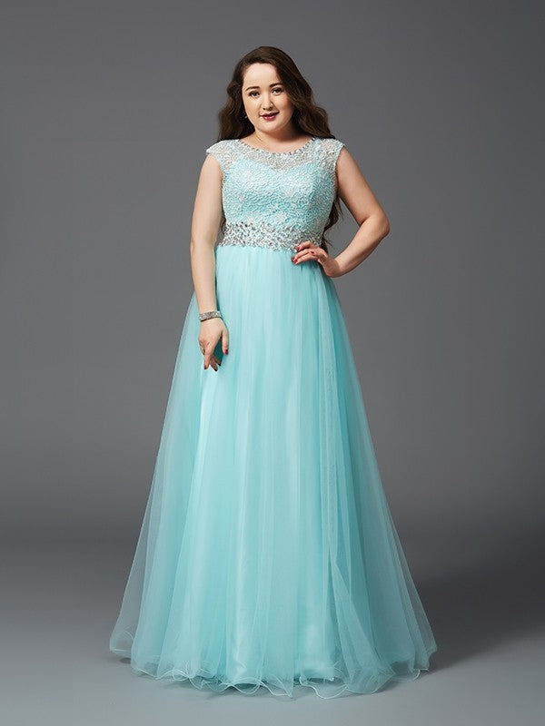 A-Line/Princess Scoop Rhinestone Sleeveless Long Tulle Plus Size Dresses