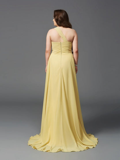 A-Line/Princess One-Shoulder Rhinestone Sleeveless Long Chiffon Plus Size Dresses