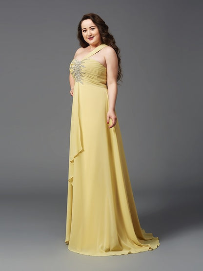 A-Line/Princess One-Shoulder Rhinestone Sleeveless Long Chiffon Plus Size Dresses