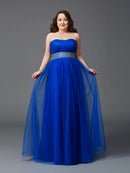 A-Line/Princess Strapless Rhinestone Sleeveless Long Net Plus Size Dresses