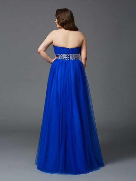 A-Line/Princess Strapless Rhinestone Sleeveless Long Net Plus Size Dresses