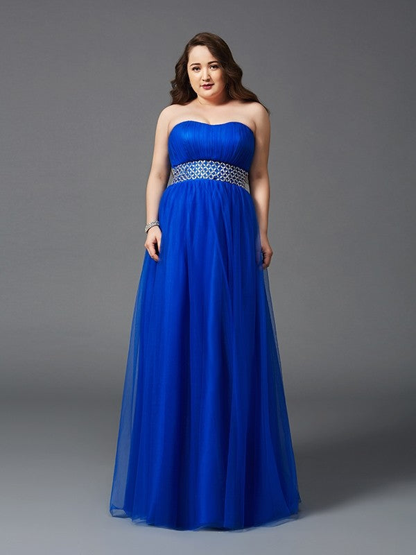 A-Line/Princess Strapless Rhinestone Sleeveless Long Net Plus Size Dresses