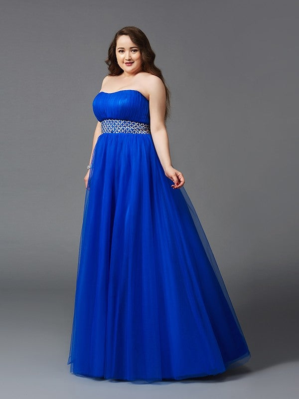 A-Line/Princess Strapless Rhinestone Sleeveless Long Net Plus Size Dresses