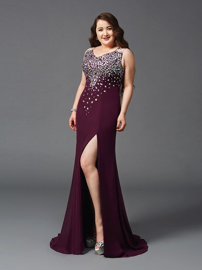 Sheath/Column Straps Rhinestone Sleeveless Long Chiffon Plus Size Dresses