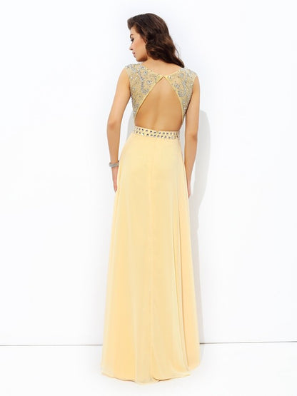 A-line/Princess Bateau Beading Sleeveless Long Chiffon Dresses